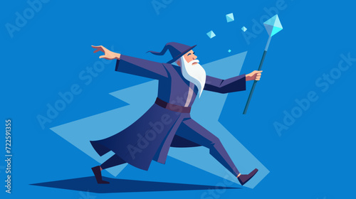 Dynamic wizard vector illustration with magic wand in action photo