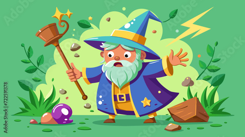 Cartoon wizard casting magic spell in enchanted forest scene