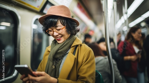 Senior woman is using a smartphone in public transportation 