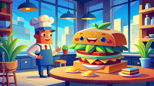 Friendly chef presenting a giant cartoon burger in a modern cafe