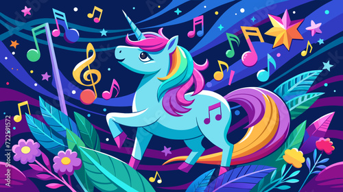 Colorful unicorn cartoon dancing with musical notes in a fantasy landscape