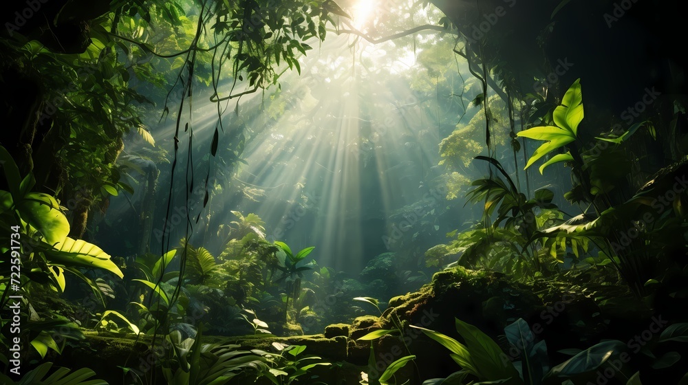 Lush greenery of a tropical forest with sunlight filtering through the leaves