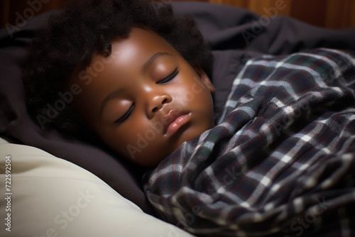 Little boy  Afro-american child  with black skin  sleeping in bed with closed eyes under the blanket with dark background..