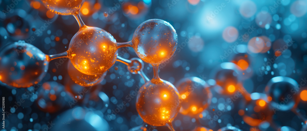 Medical technologies of the future, molecules under a microscope, medical web banner Medical technologies of the future, molecules under a microscope, medical web banner