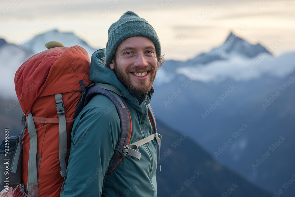 Man With Backpack Standing on Mountain Peak