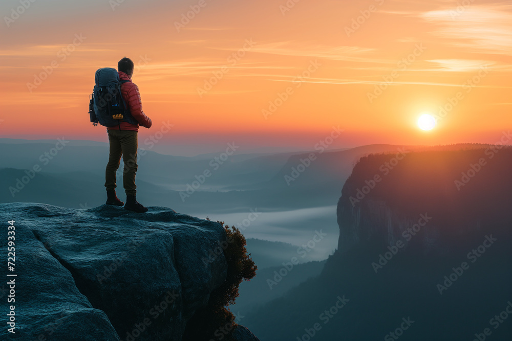 Man Standing on Mountain Summit With Backpack