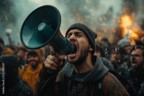 Man Shouting Into Megaphone Amidst Crowd