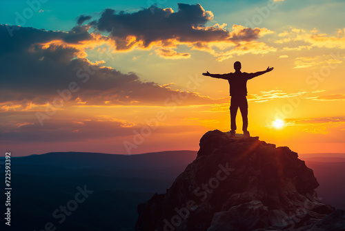 Man Standing on Mountain Top at Sunset