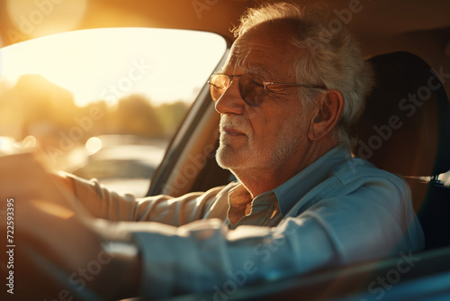 Elderly Man Driving Car in Sunny Weather