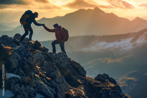 Adventurous Couple Standing Atop Majestic Mountain