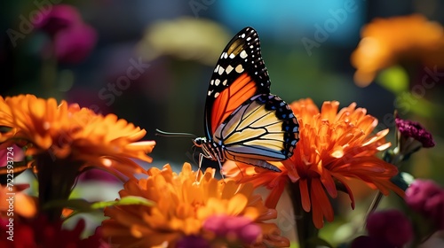 Macro shot of a delicate butterfly resting on a vibrant flower