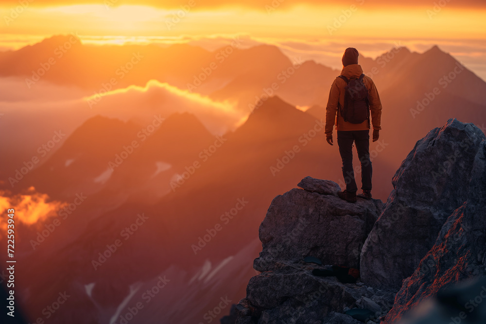 Man Standing Atop Mountain at Sunset