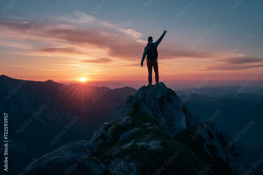 Person Standing on Mountain Peak During Sunset