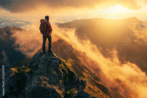 Backpacker Standing on Mountain Summit © Ilugram
