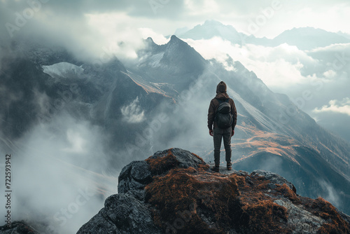 Adventurer Standing on Rocky Mountain Peak