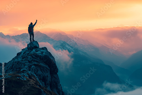 Person Celebrating Atop Snow-Capped Mountain