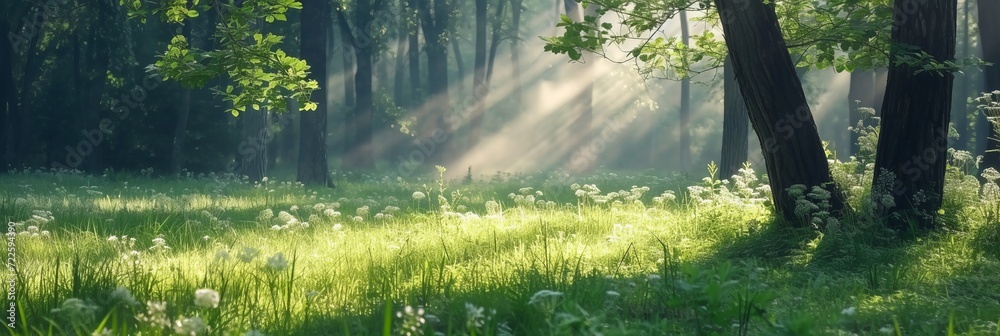 Tranquil summer forest landscape with beautiful sun rays as enchanting magical background