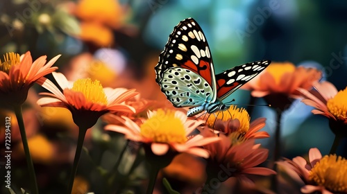 Macro shot of a delicate butterfly resting on a vibrant flower