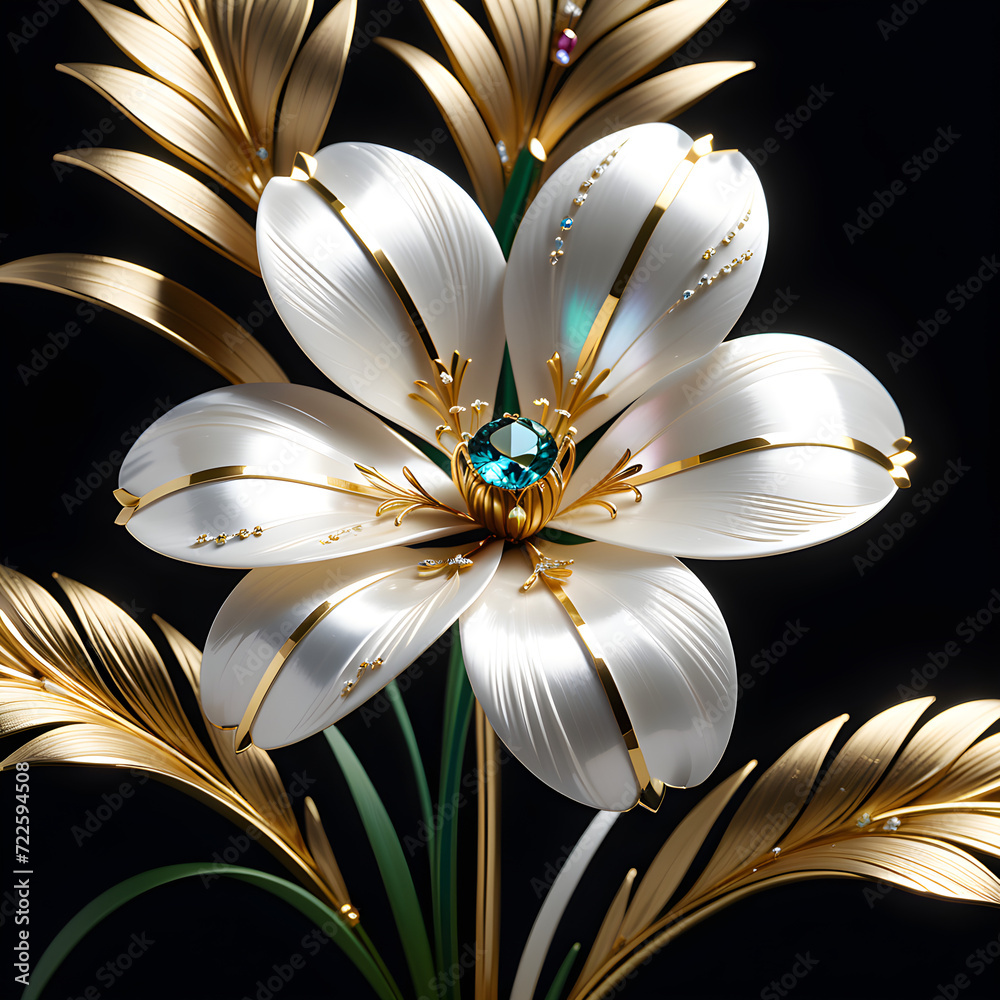 AI prompt: 4K+ graphic of an intricate ragrass flower with mother-of-pearl, gemstones, and gold, capturing a captivating and enchanting atmosphere.(Generative AI) 