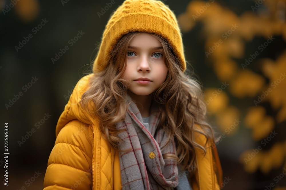 Portrait of a beautiful little girl in a yellow jacket on a background of autumn park Portrait of a beautiful little girl in a yellow jacket on a background of autumn park