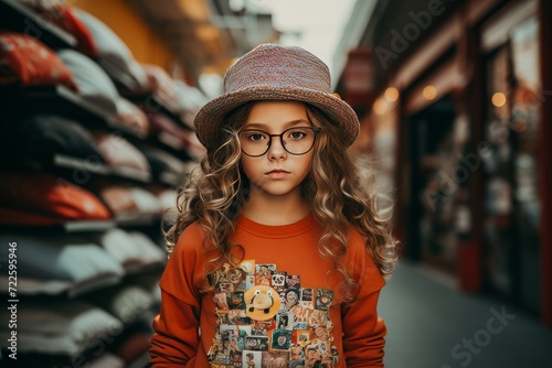 Cute little girl in a hat and glasses on a shopping street.