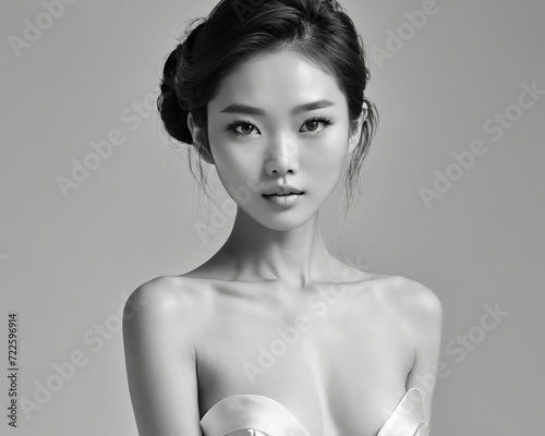 Ethereal Beauty - Portrait of a Petite Fair-Skinned East Asian Model in Black and White Gen AI photo