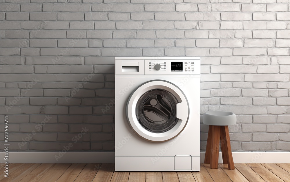 Washing machine on white brick wall. Modern laundry room interior.