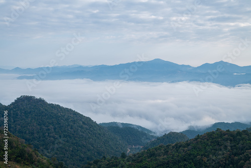 Panoramic of foggy at morning  Mountains top view of sunrise landscape in the rainforest  Thailand.