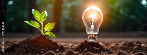 An electric light bulb next to a green sprout. Ecological concept of saving energy and wisely using the planet's resources. photo