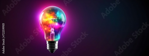 The light bulb glows with multi-colored rays and energy. Multi-colored electric light bulb.