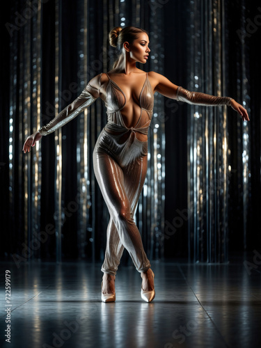 A dancer in a stunning disco mirror suit performing a graceful, expressive dance. The suit is designed with reflective mirror pieces that catch and scatter the light, creating a mesmerizing sparkle.