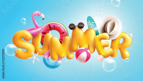 Summer 3d text vector design. Summer yellow title font with flamingo floaters, beach ball, surf board, sunglasses and hat beach elements decoration in blue background. Vector illustration summer 3d 