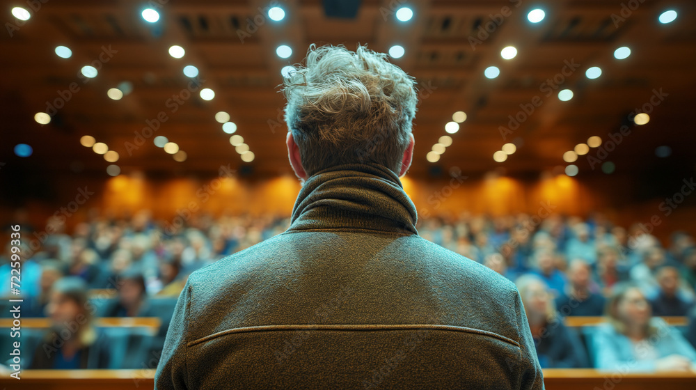 Man Standing in Front of a Crowd of People at an Education Fair Man Standing in Front of a Crowd of People at an Education Fair