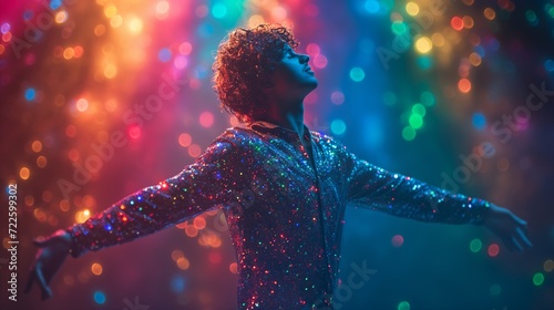 A dancer performing energetically on a disco dance floor, wearing an incredible mirror suit that sparkles brilliantly multicolored under the disco lights.