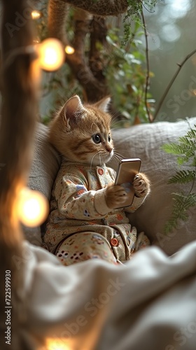 A cute cat wearing pajamas and sitting upright using a smart phone. 