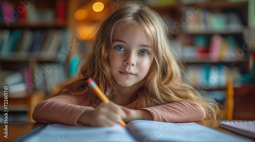 Little Girl Sitting at Table With Book and Pencil, Engaged in Learning
