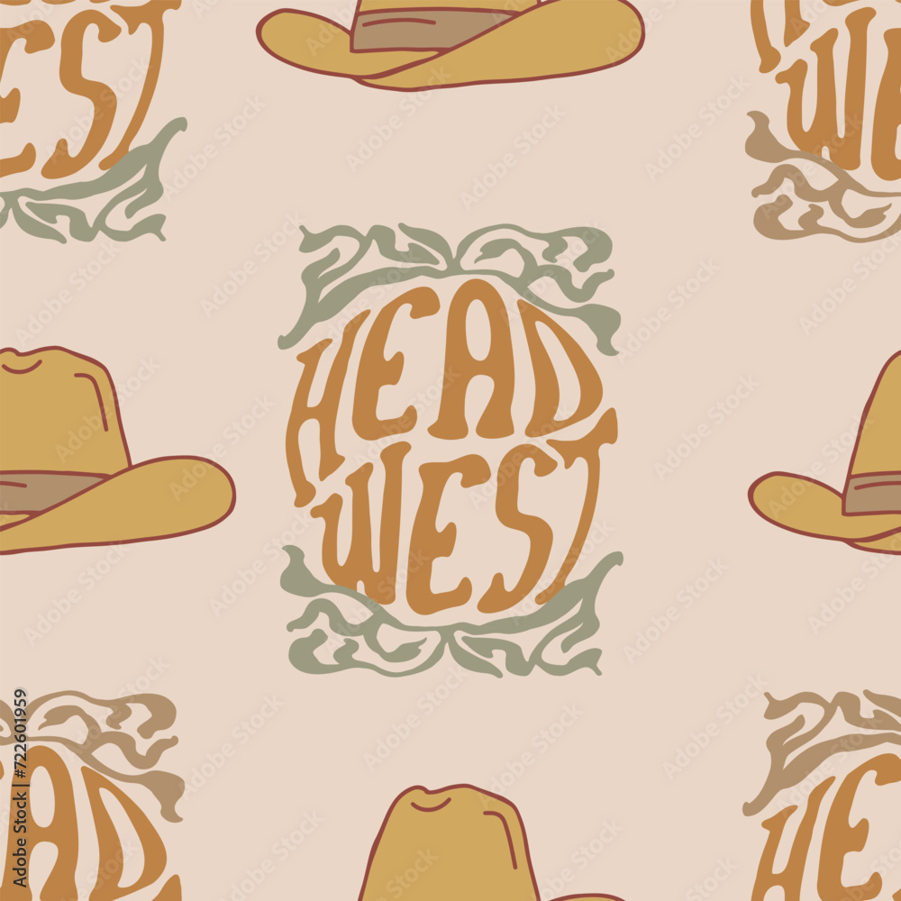 Head west travel emblem seamless pattern. Groovy western background. Cowboy texture. Head west travel emblem seamless pattern. Groovy western background. Cowboy texture.