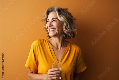 Portrait of smiling senior woman with glass of water on orange background © Inigo