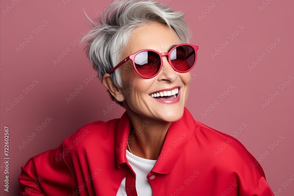 Portrait of a happy senior woman in red jacket and sunglasses. Portrait of a happy senior woman in red jacket and sunglasses.