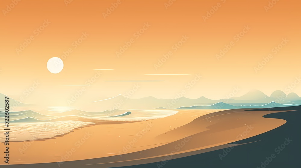 Minimalist beach scene with gentle waves rolling onto golden sands
