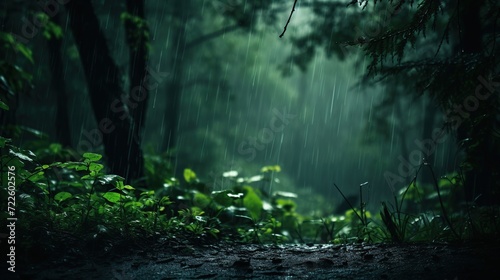 Heavy rain is falling in the dark green forest.