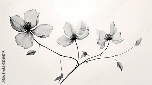 Minimalist black and white line drawing of a delicate flower, highlighting the intricacies of petals and stems with clean and precise lines