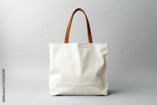 An untouched canvas tote bag against a white background, epitomizing the simplicity and cleanliness of minimalist fashion. Generative Ai.