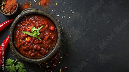 Top view of chili sauce in bowl isolated on dark background. Copy space and flat lay.
