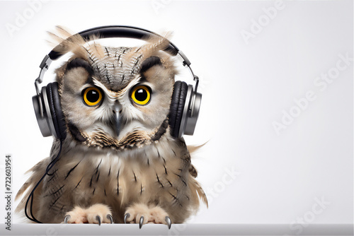 owl listen to the music with headphone photo