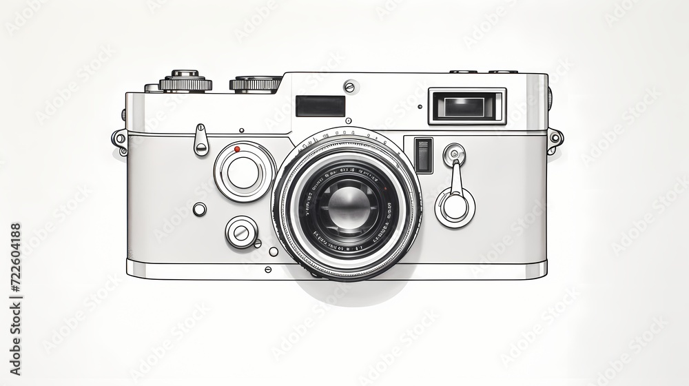 Minimalist black and white line drawing of a classic camera, capturing the essence of photography with clean and precise lines