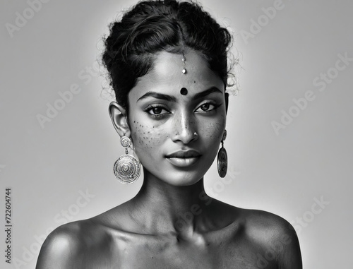 Sun-Kissed Beauty - Portrait of a Short Dark Brown-Skin South Asian Model with Freckles, Earrings, and Sleek Monochrome Style Gen AI photo