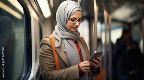 Senior woman is using a smartphone in public transportation