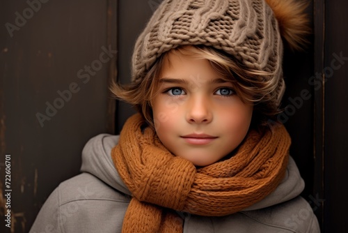Close-up portrait of a beautiful young girl in a warm hat and scarf.