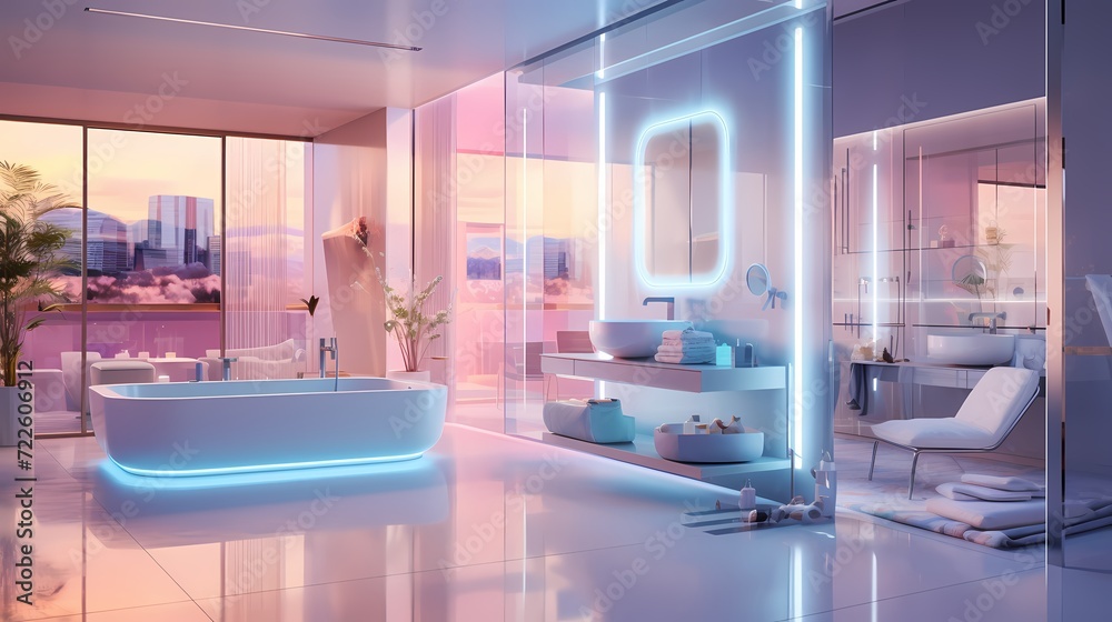 Minimalist space age bathroom with smart fixtures, holographic mirrors ...